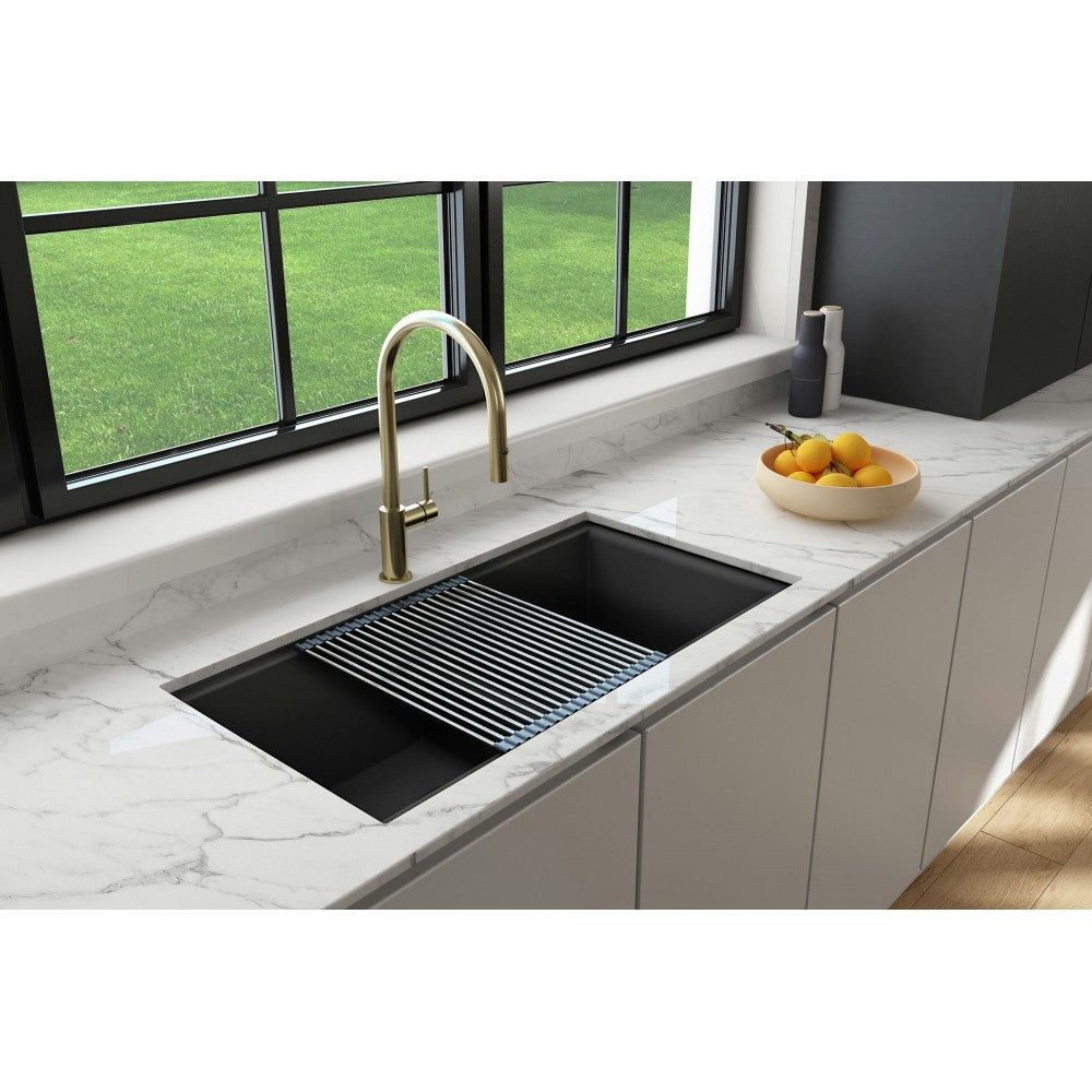 Undermount 33 in. Granite Composite Kitchen Sink with Integrated Workstation, Matte Black, L