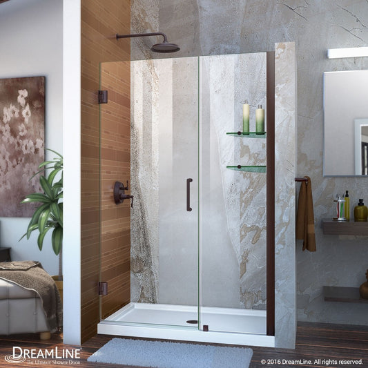 Unidoor 44-45 in. W x 72 in. H Frameless Hinged Shower Door with Shelves in Oil Rubbed Bronze