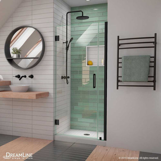 Unidoor-LS 29-30 in. W x 72 in. H Frameless Hinged Shower Door in Satin Black