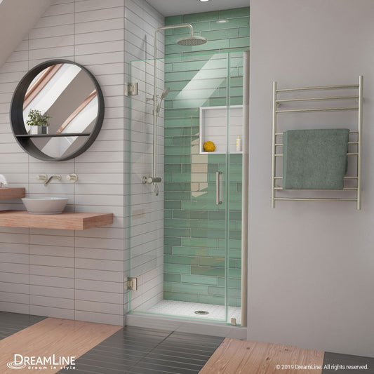 Unidoor-LS 32-33 in. W x 72 in. H Frameless Hinged Shower Door in Brushed Nickel