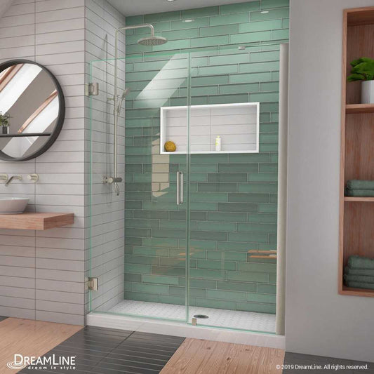 Unidoor-LS 48-49 in. W x 72 in. H Frameless Hinged Shower Door with L-Bar in Brushed Nickel