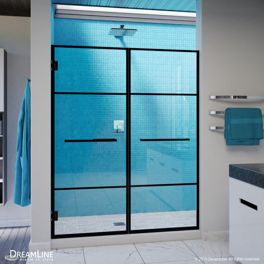 Unidoor Madrid 58-58 1/2 in. W x 72 in. H Frameless Hinged Shower Door in Satin Black
