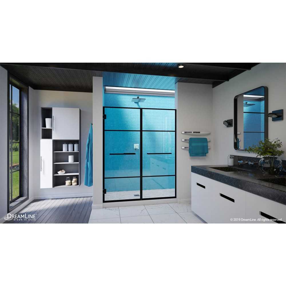 Unidoor Madrid 58-58 1/2 in. W x 72 in. H Frameless Hinged Shower Door in Satin Black