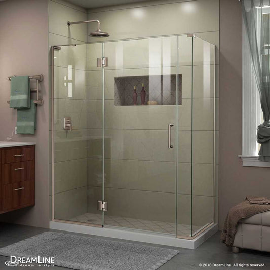 Unidoor-X 57 1/2 in. W x 34 3/8 in. D x 72 in. H Frameless Hinged Shower Enclosure in Brushed Nickel