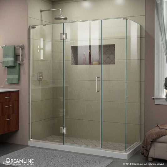 Unidoor-X 63 1/2  in. W x 30 3/8 in. D x 72 in. H Frameless Hinged Shower Enclosure in Brushed Nickel