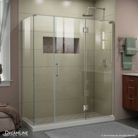 Unidoor-X 63 1/2  in. W x 30 3/8 in. D x 72 in. H Frameless Hinged Shower Enclosure in Brushed Nickel