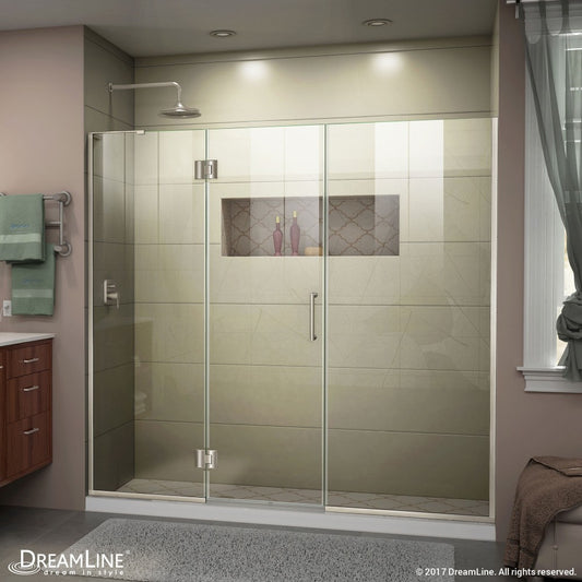 Unidoor-X 64 1/2-65 in. W x 72 in. H Frameless Hinged Shower Door in Brushed Nickel
