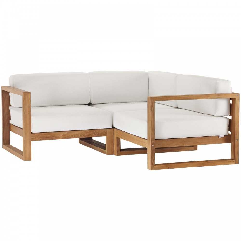Upland Outdoor Patio Teak Wood 3-Piece Sectional Sofa Set, Natural White, EEI-4255-NAT-WHI-SET