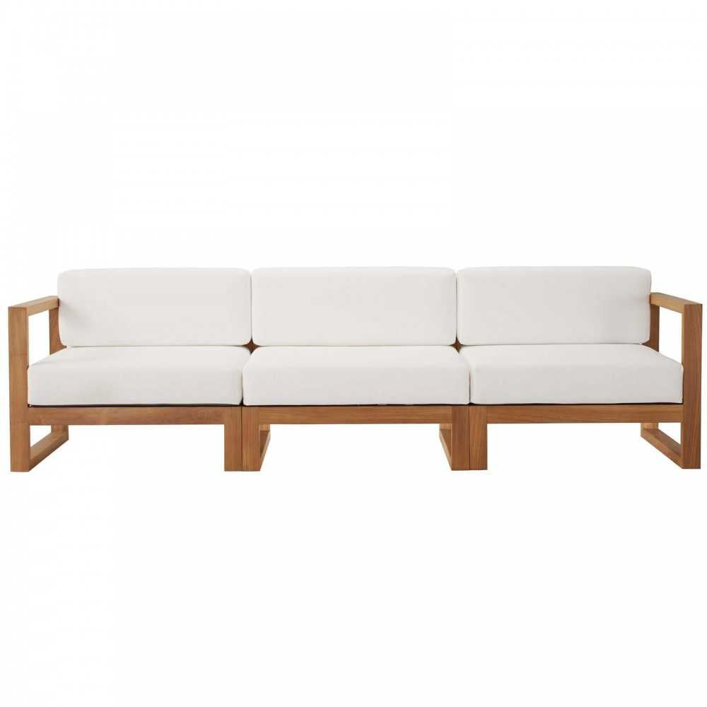 Upland Outdoor Patio Teak Wood 3-Piece Sectional Sofa Set, Natural White, EEI-4254-NAT-WHI-SET