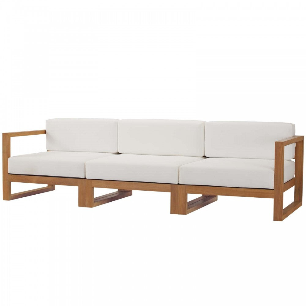Upland Outdoor Patio Teak Wood 3-Piece Sectional Sofa Set, Natural White, EEI-4254-NAT-WHI-SET