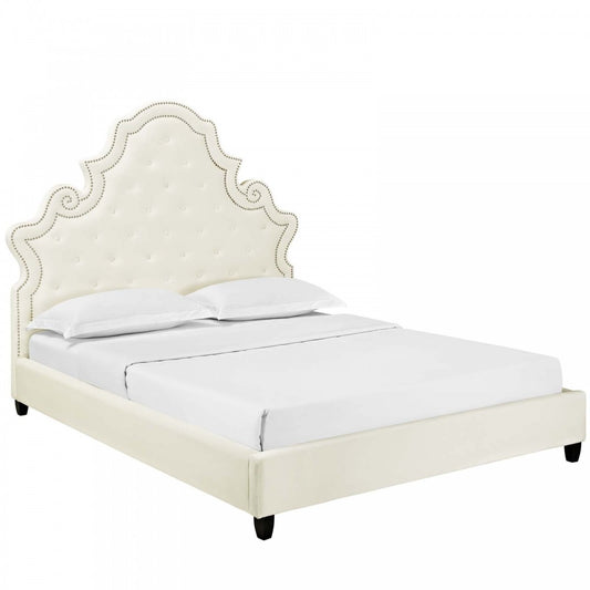 Valentina Queen Tufted Nailhead Performance Velvet Platform Bed, Ivory