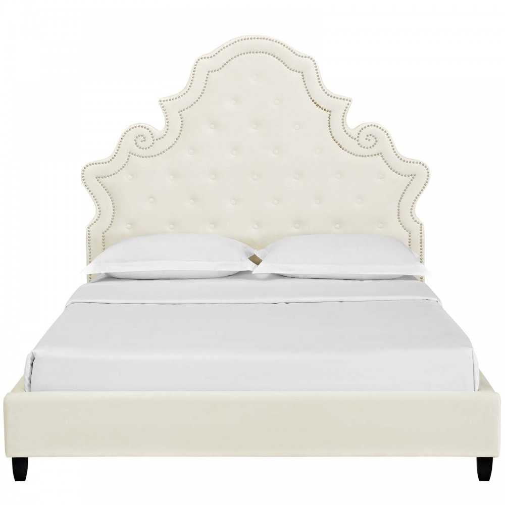 Valentina Queen Tufted Nailhead Performance Velvet Platform Bed, Ivory