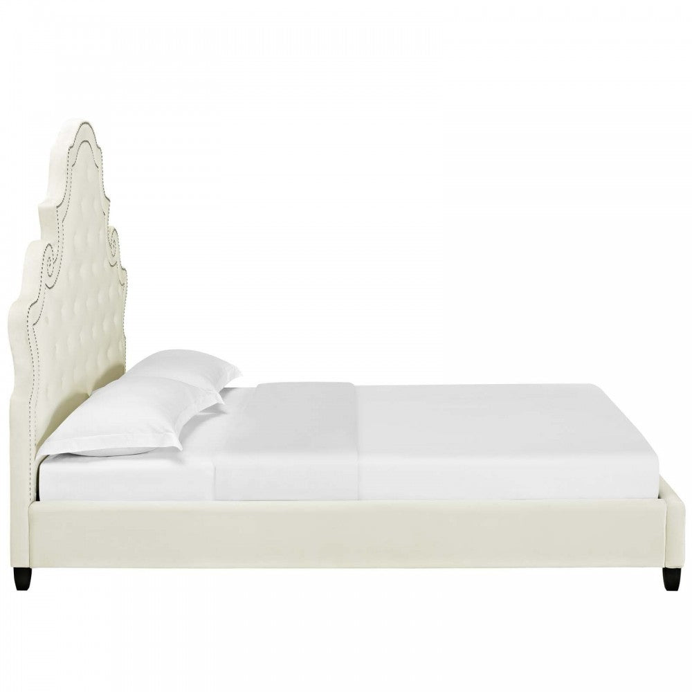 Valentina Queen Tufted Nailhead Performance Velvet Platform Bed, Ivory