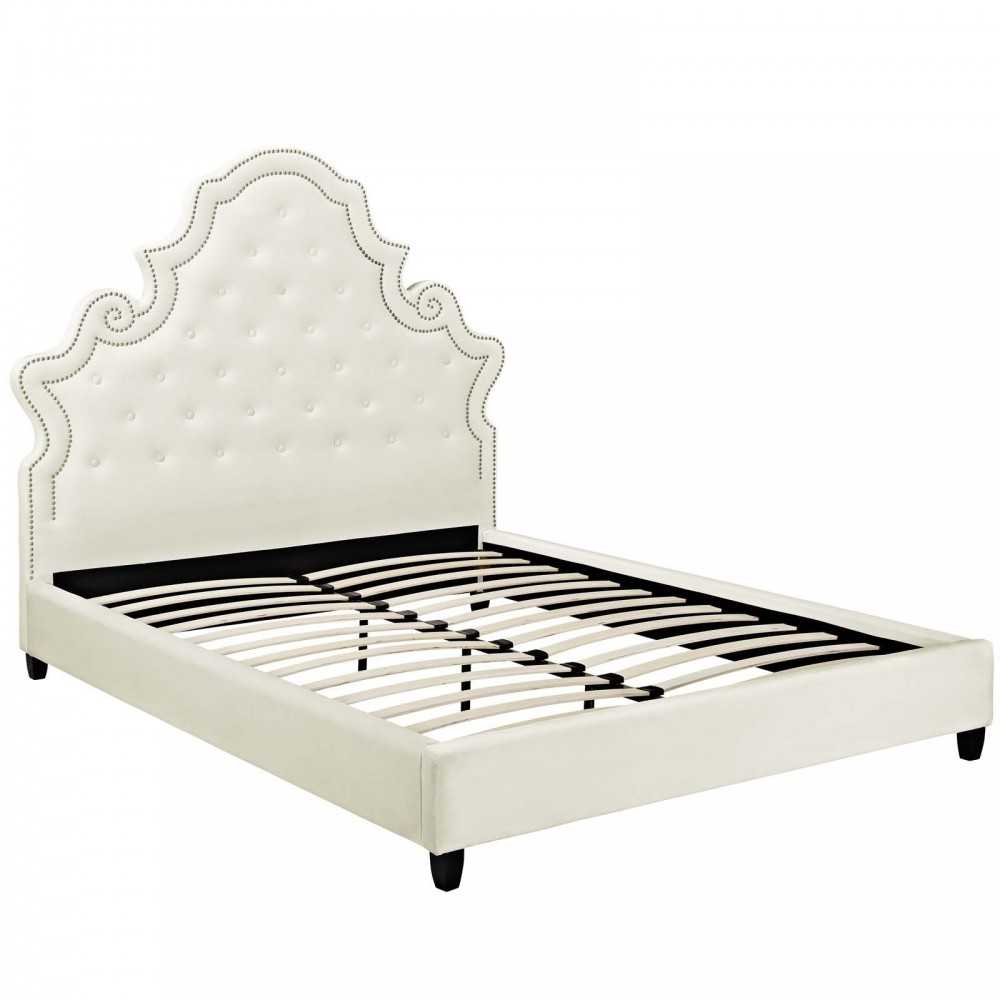 Valentina Queen Tufted Nailhead Performance Velvet Platform Bed, Ivory
