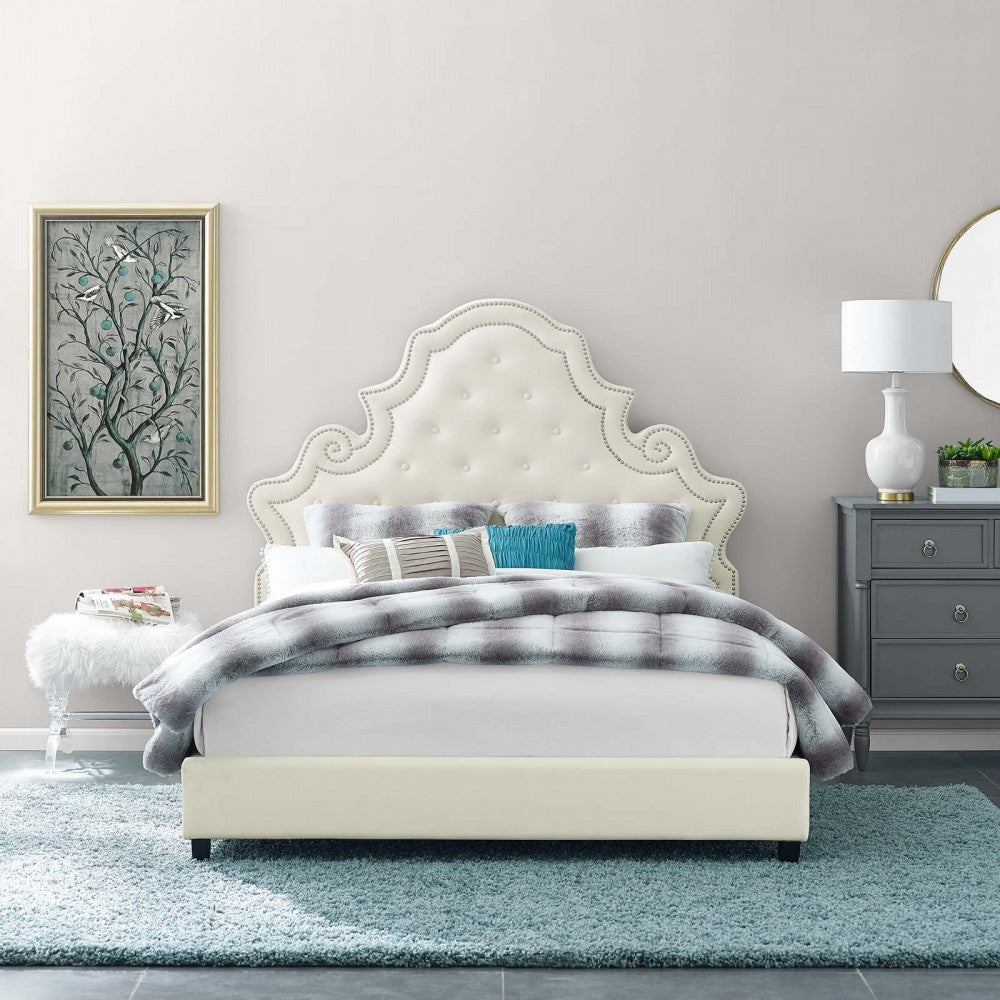 Valentina Queen Tufted Nailhead Performance Velvet Platform Bed, Ivory