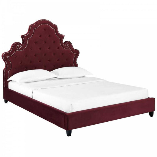 Valentina Queen Tufted Nailhead Performance Velvet Platform Bed, Maroon