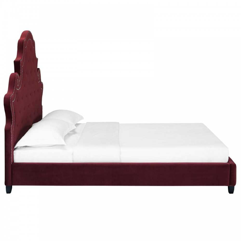 Valentina Queen Tufted Nailhead Performance Velvet Platform Bed, Maroon