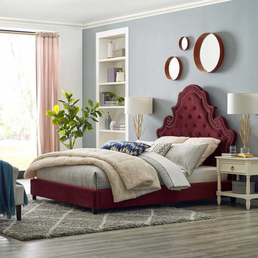 Valentina Queen Tufted Nailhead Performance Velvet Platform Bed, Maroon