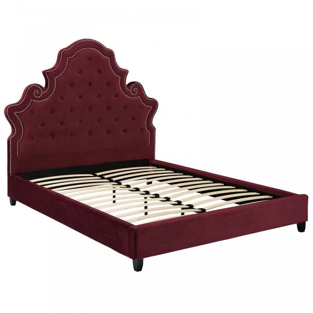 Valentina Queen Tufted Nailhead Performance Velvet Platform Bed, Maroon