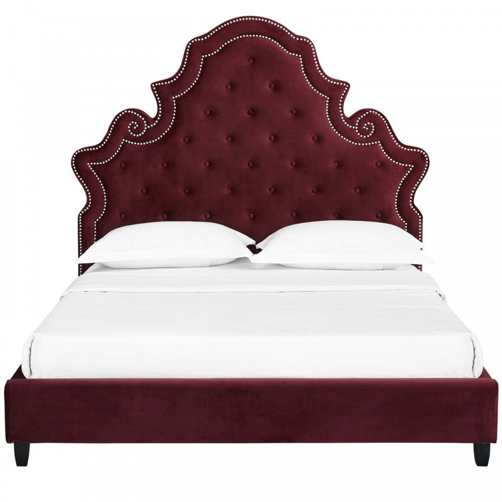 Valentina Queen Tufted Nailhead Performance Velvet Platform Bed, Maroon