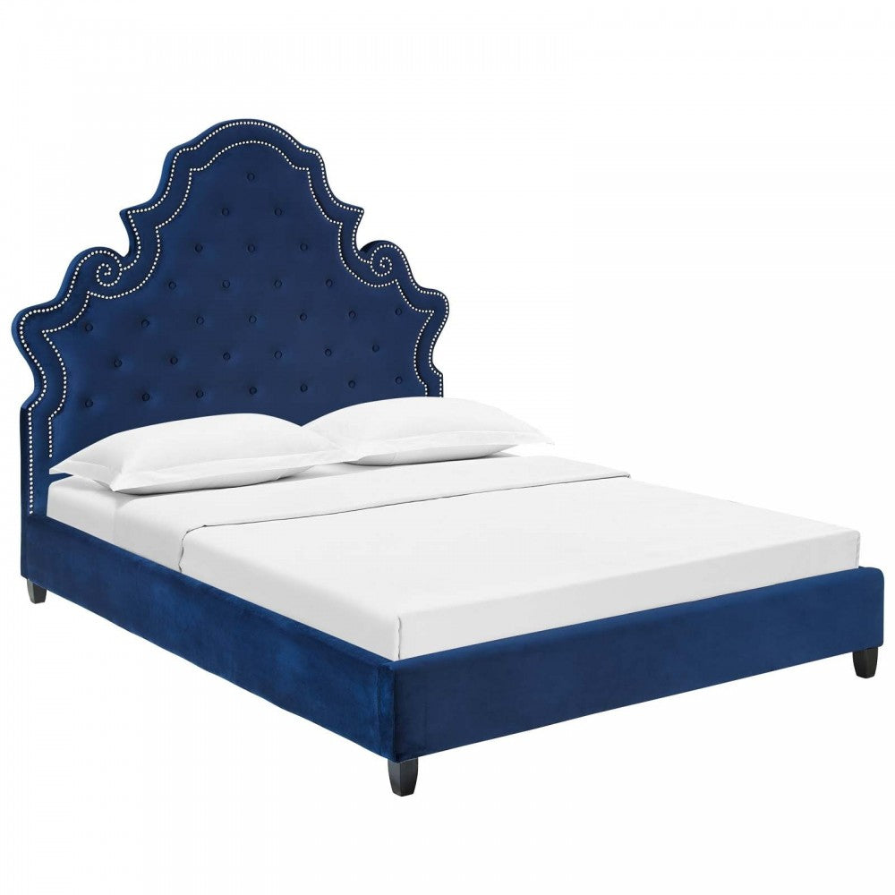 Valentina Queen Tufted Nailhead Performance Velvet Platform Bed, Navy