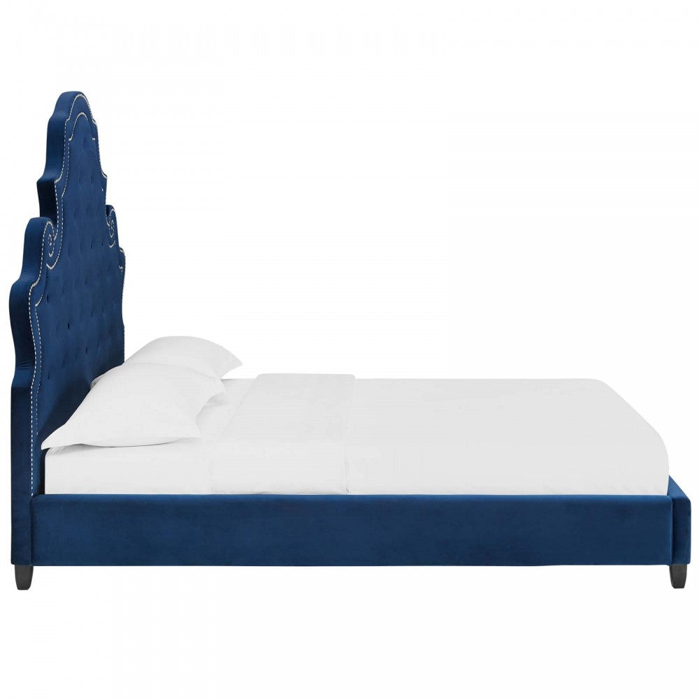 Valentina Queen Tufted Nailhead Performance Velvet Platform Bed, Navy