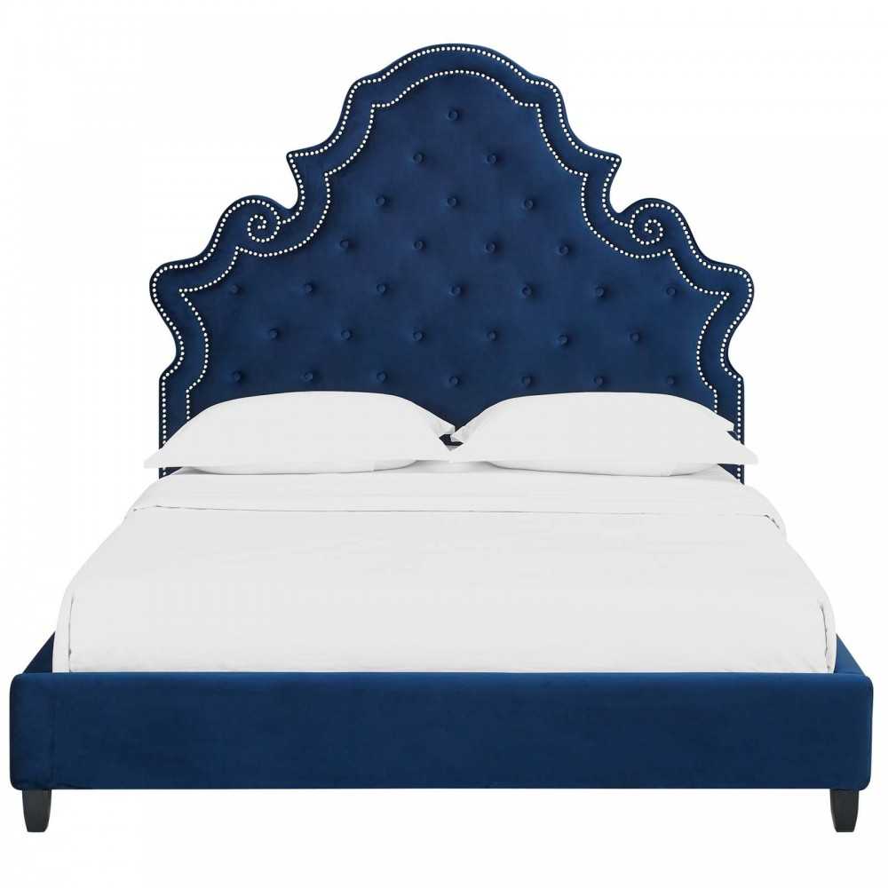Valentina Queen Tufted Nailhead Performance Velvet Platform Bed, Navy