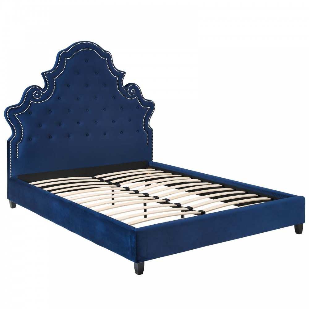 Valentina Queen Tufted Nailhead Performance Velvet Platform Bed, Navy
