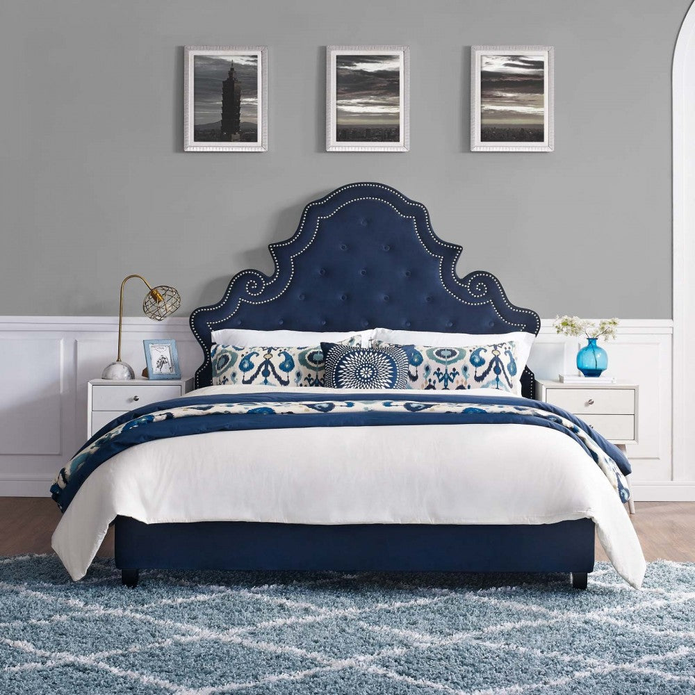 Valentina Queen Tufted Nailhead Performance Velvet Platform Bed, Navy