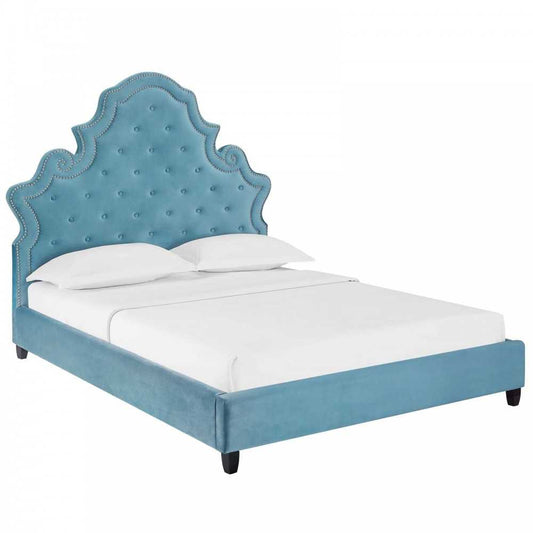 Valentina Queen Tufted Nailhead Performance Velvet Platform Bed, Sea Blue