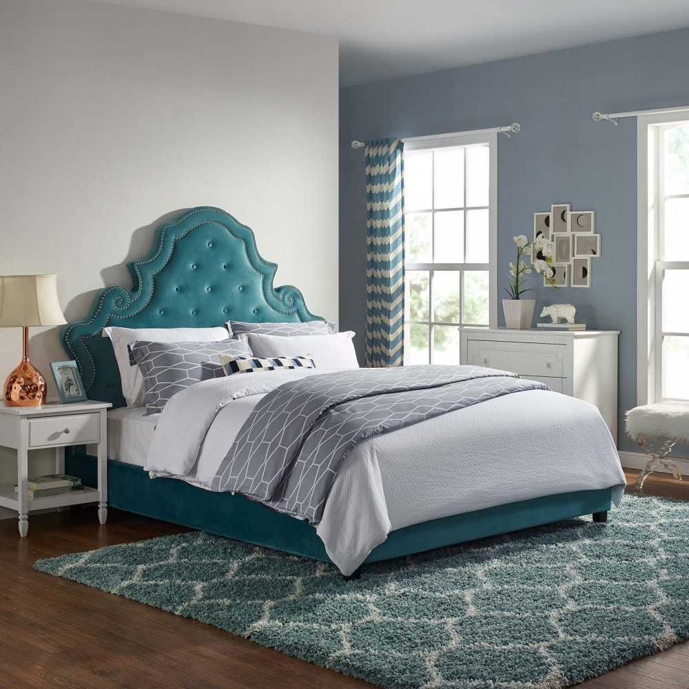 Valentina Queen Tufted Nailhead Performance Velvet Platform Bed, Sea Blue