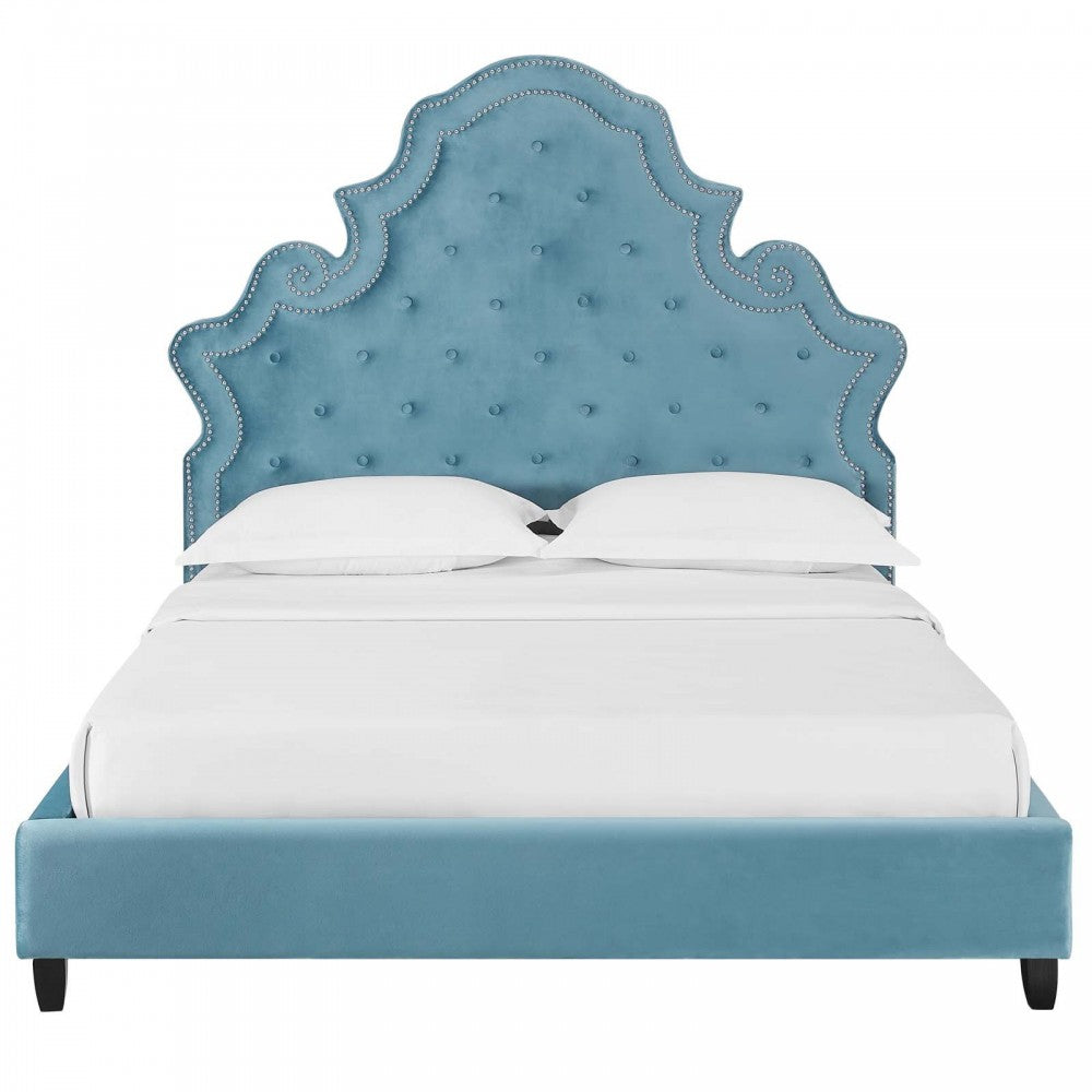 Valentina Queen Tufted Nailhead Performance Velvet Platform Bed, Sea Blue