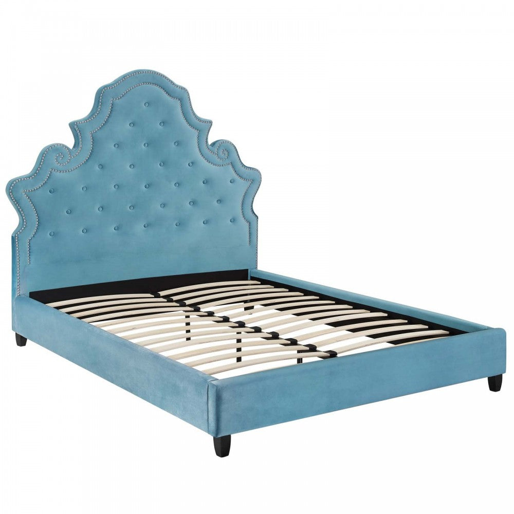 Valentina Queen Tufted Nailhead Performance Velvet Platform Bed, Sea Blue