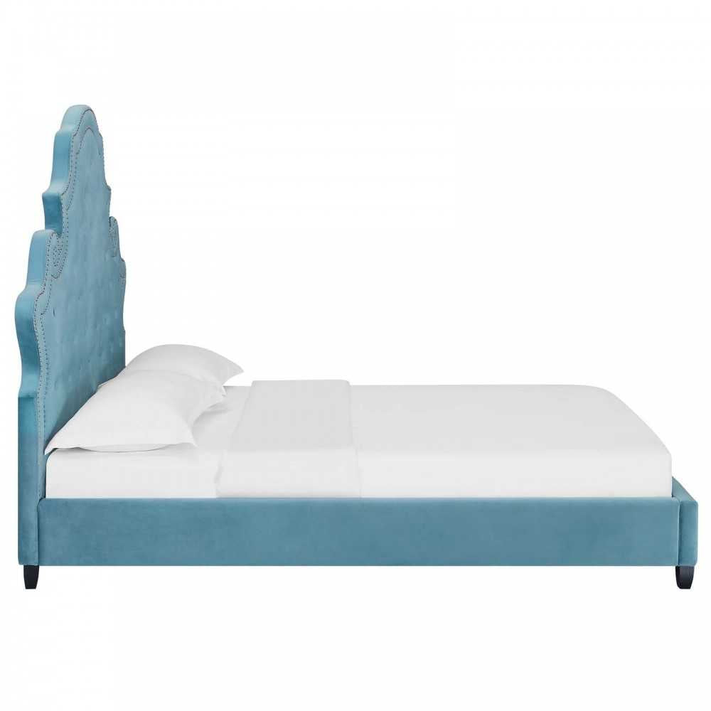 Valentina Queen Tufted Nailhead Performance Velvet Platform Bed, Sea Blue