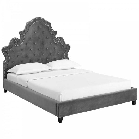 Valentina Queen Tufted Nailhead Performance Velvet Platform Bed, Gray