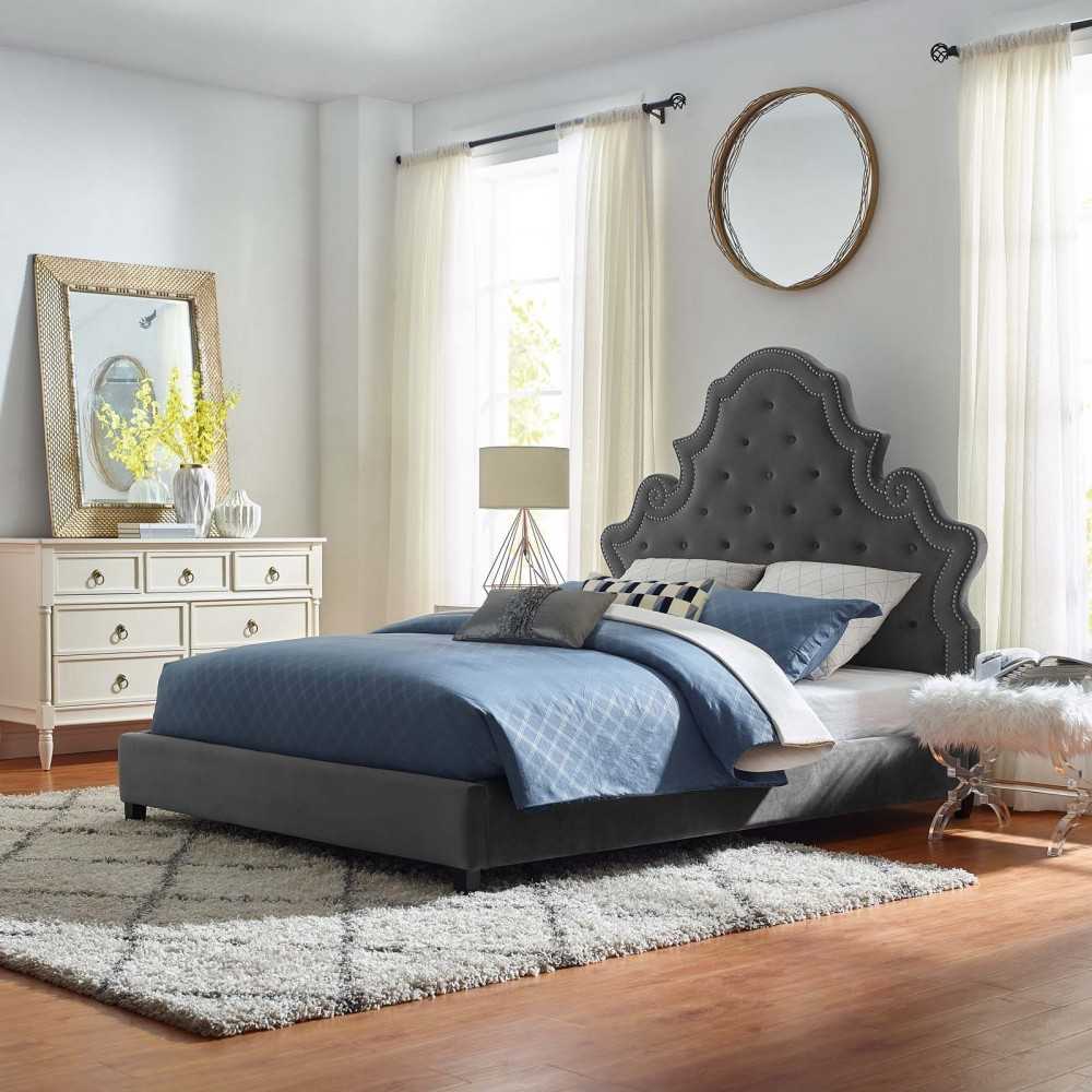 Valentina Queen Tufted Nailhead Performance Velvet Platform Bed, Gray
