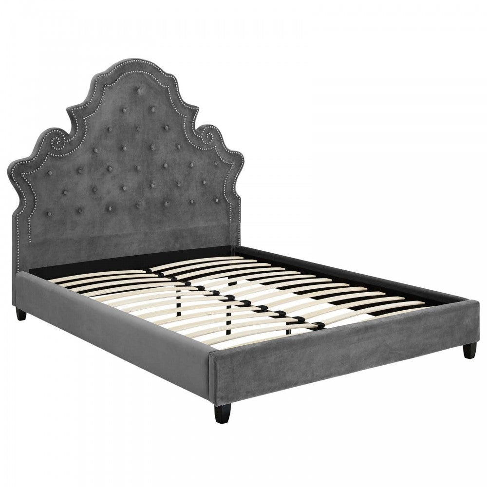 Valentina Queen Tufted Nailhead Performance Velvet Platform Bed, Gray