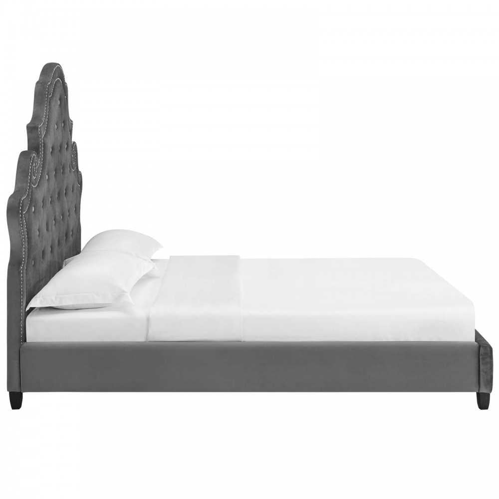 Valentina Queen Tufted Nailhead Performance Velvet Platform Bed, Gray
