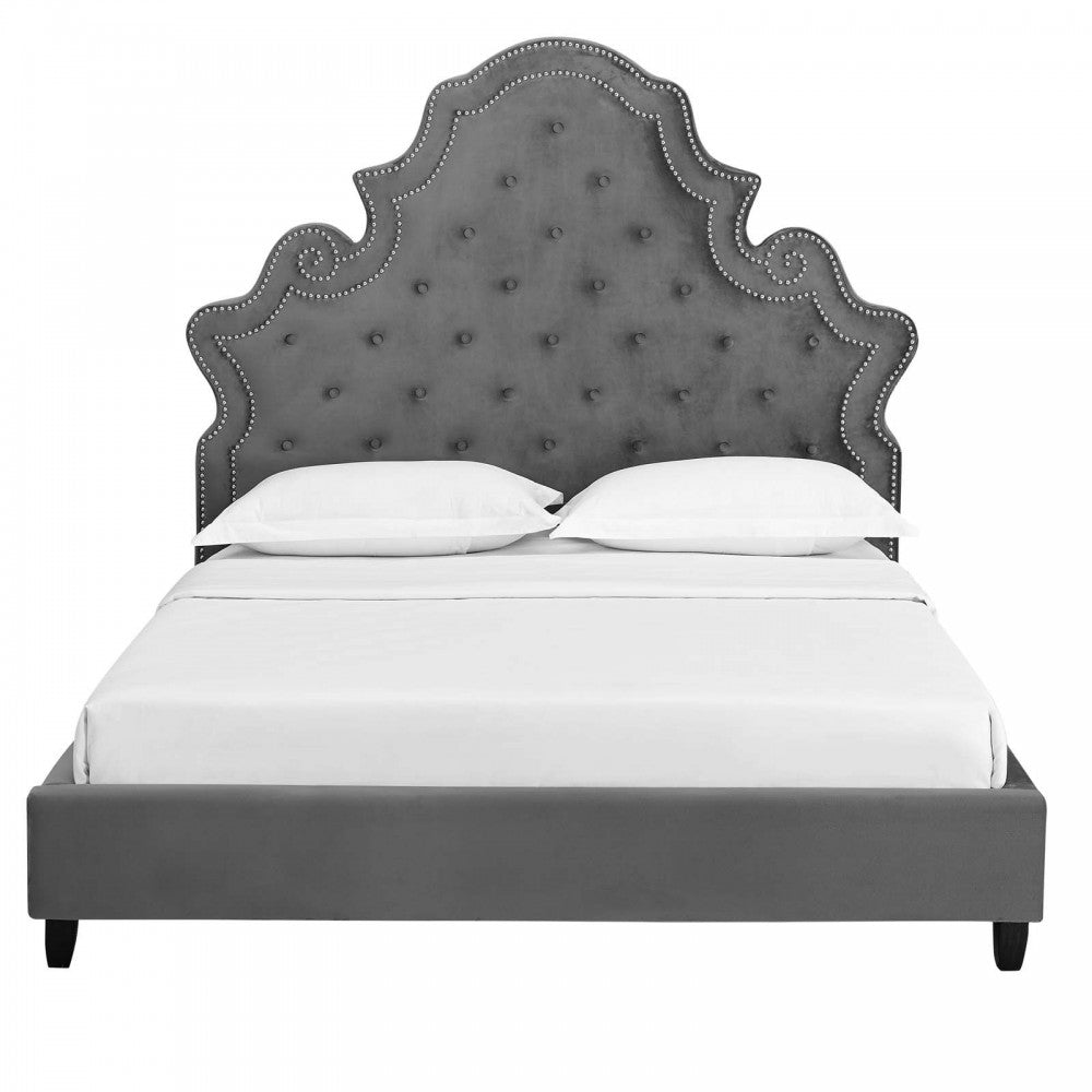 Valentina Queen Tufted Nailhead Performance Velvet Platform Bed, Gray