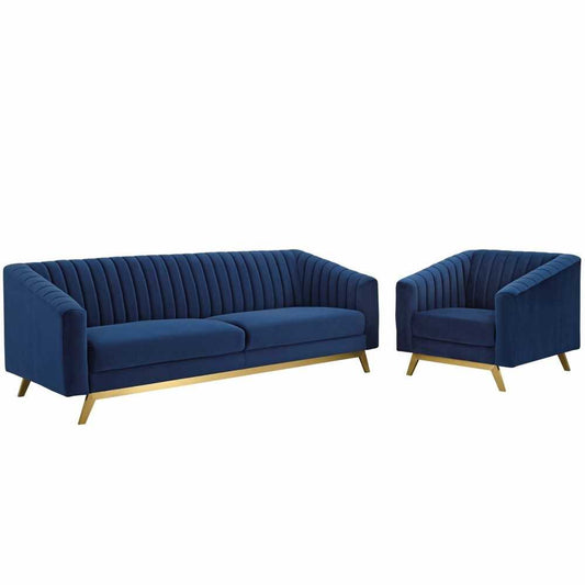 Valiant Vertical Channel Tufted Performance Velvet Sofa and Armchair Set, Navy