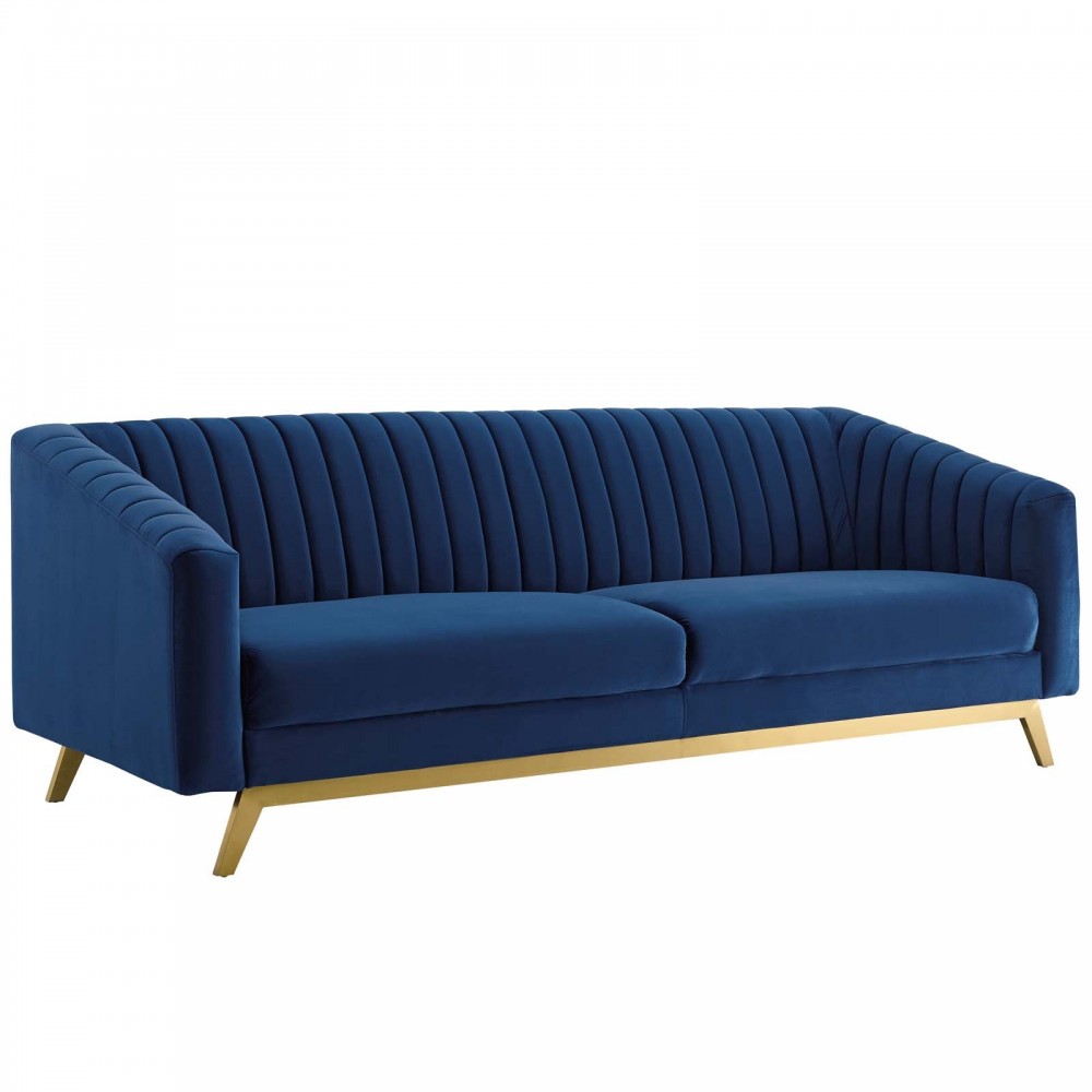 Valiant Vertical Channel Tufted Performance Velvet Sofa and Armchair Set, Navy