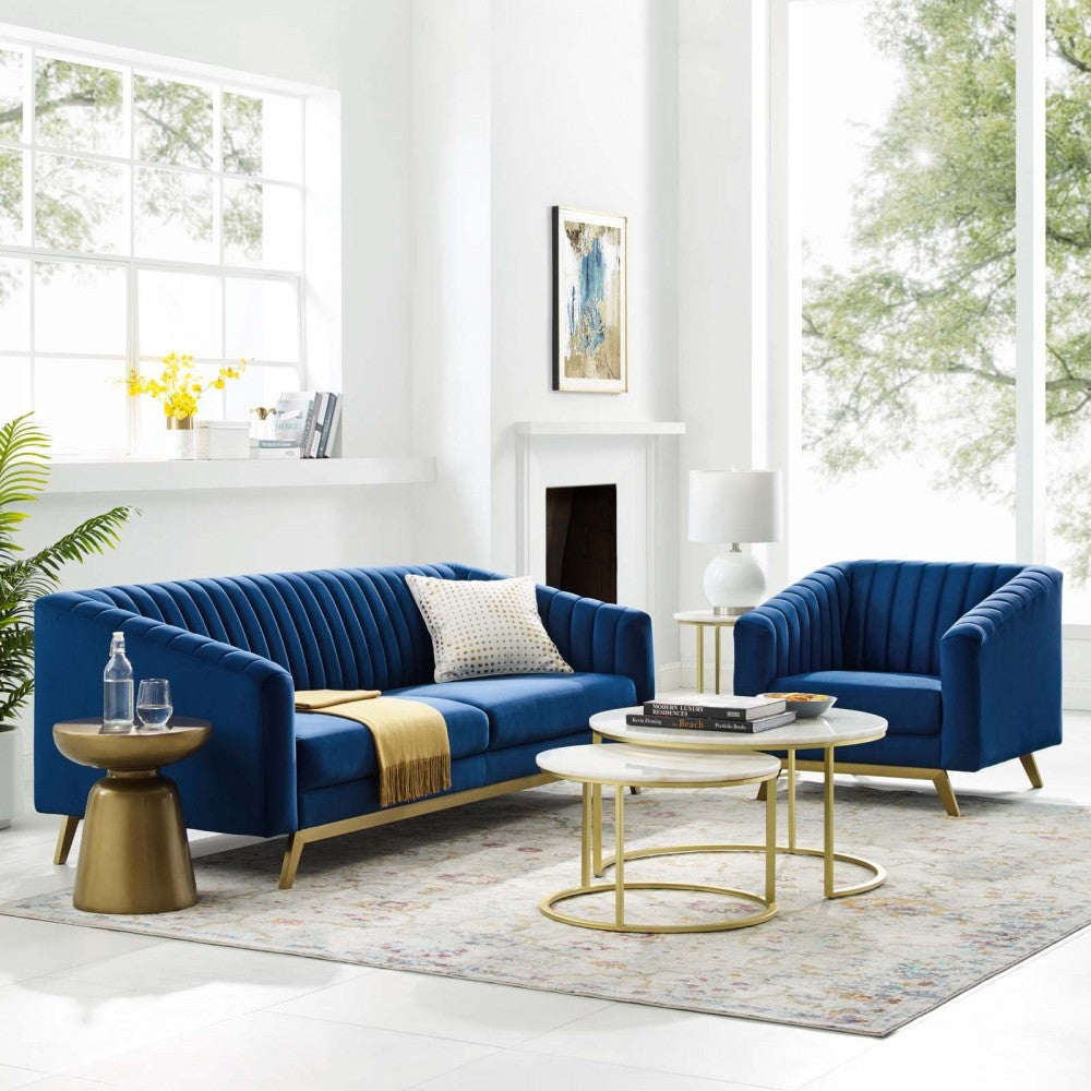 Valiant Vertical Channel Tufted Performance Velvet Sofa and Armchair Set, Navy
