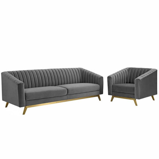 Valiant Vertical Channel Tufted Performance Velvet Sofa and Armchair Set, Gray