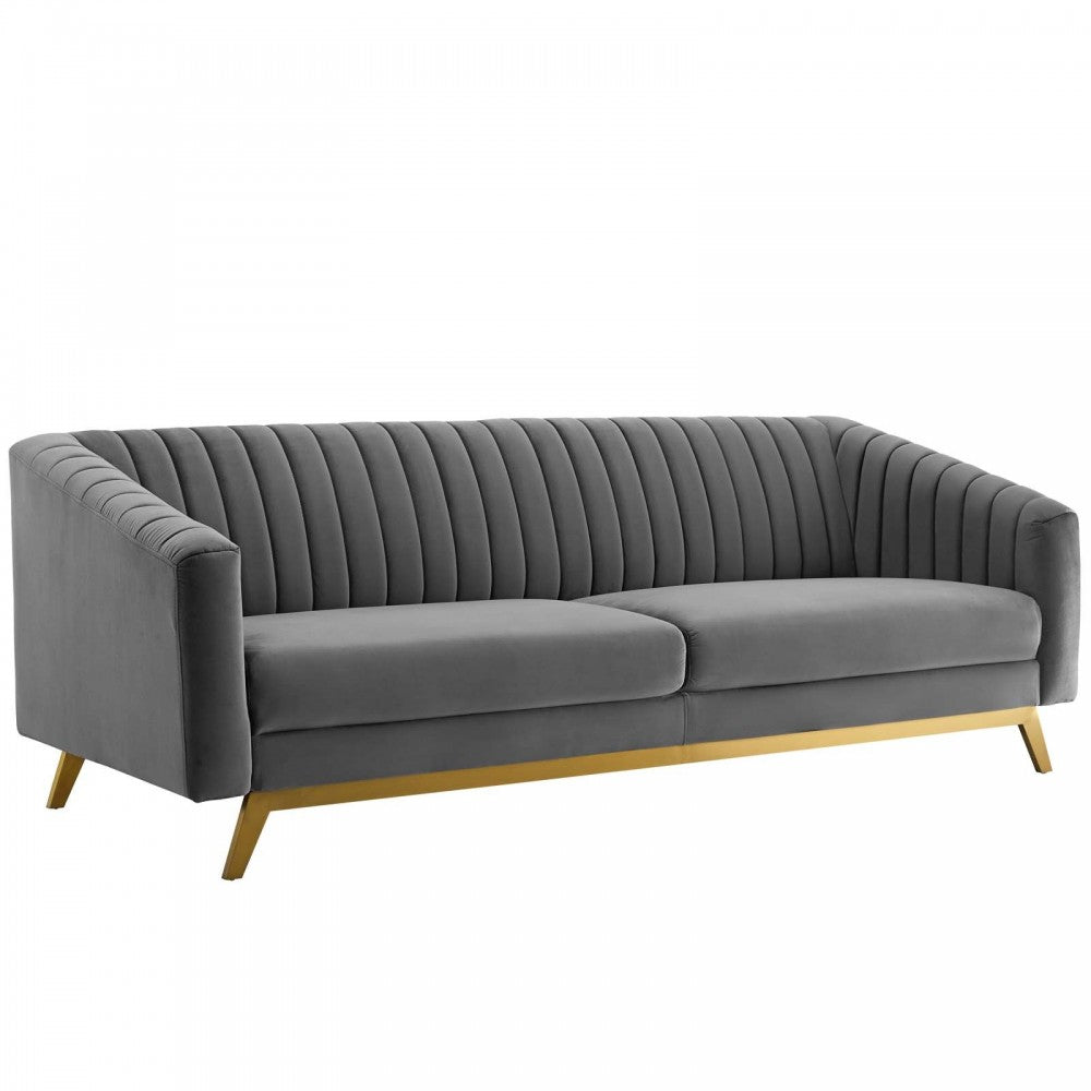 Valiant Vertical Channel Tufted Performance Velvet Sofa and Armchair Set, Gray