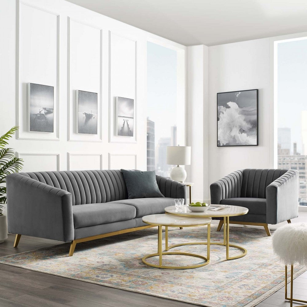 Valiant Vertical Channel Tufted Performance Velvet Sofa and Armchair Set, Gray
