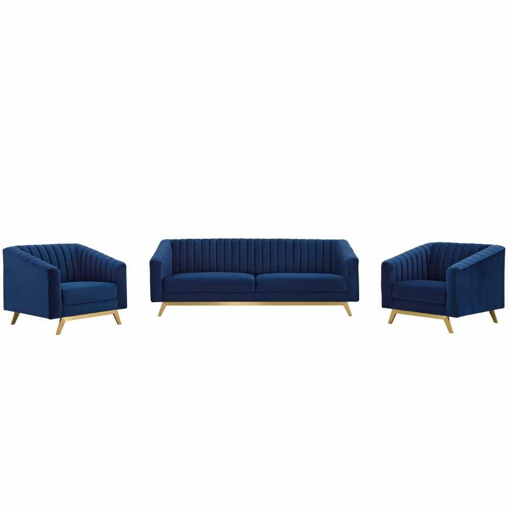 Valiant Vertical Channel Tufted Upholstered Performance Velvet 3 Piece Set, Navy