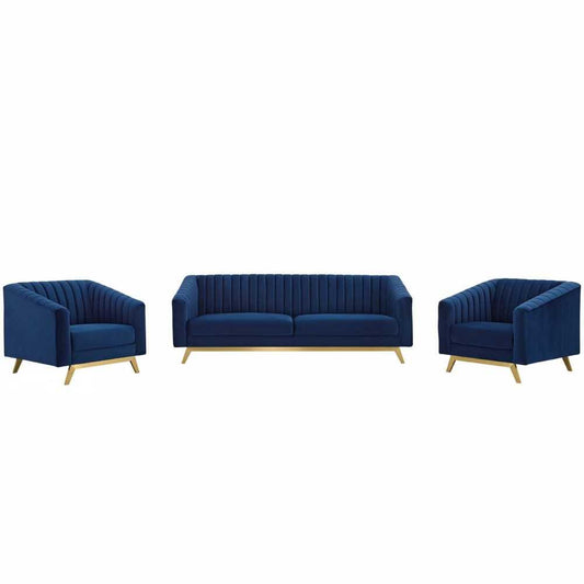 Valiant Vertical Channel Tufted Upholstered Performance Velvet 3 Piece Set, Navy