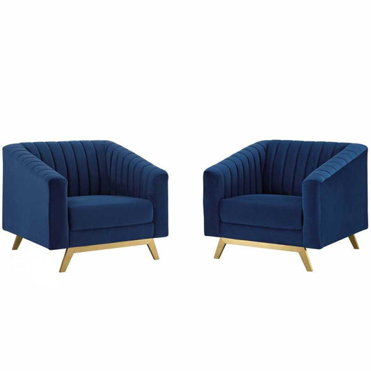 Valiant Vertical Channel Tufted Upholstered Performance Velvet Armchair Set of 2, Navy