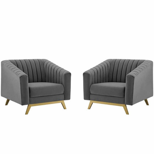 Valiant Vertical Channel Tufted Upholstered Performance Velvet Armchair Set of 2, Gray