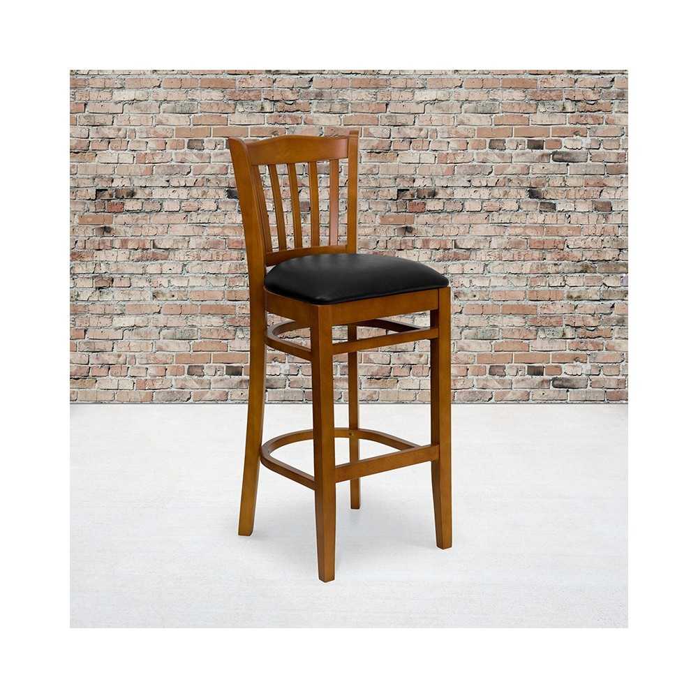 Vertical Slat Back Cherry Wood Restaurant Barstool - Black Vinyl Seat